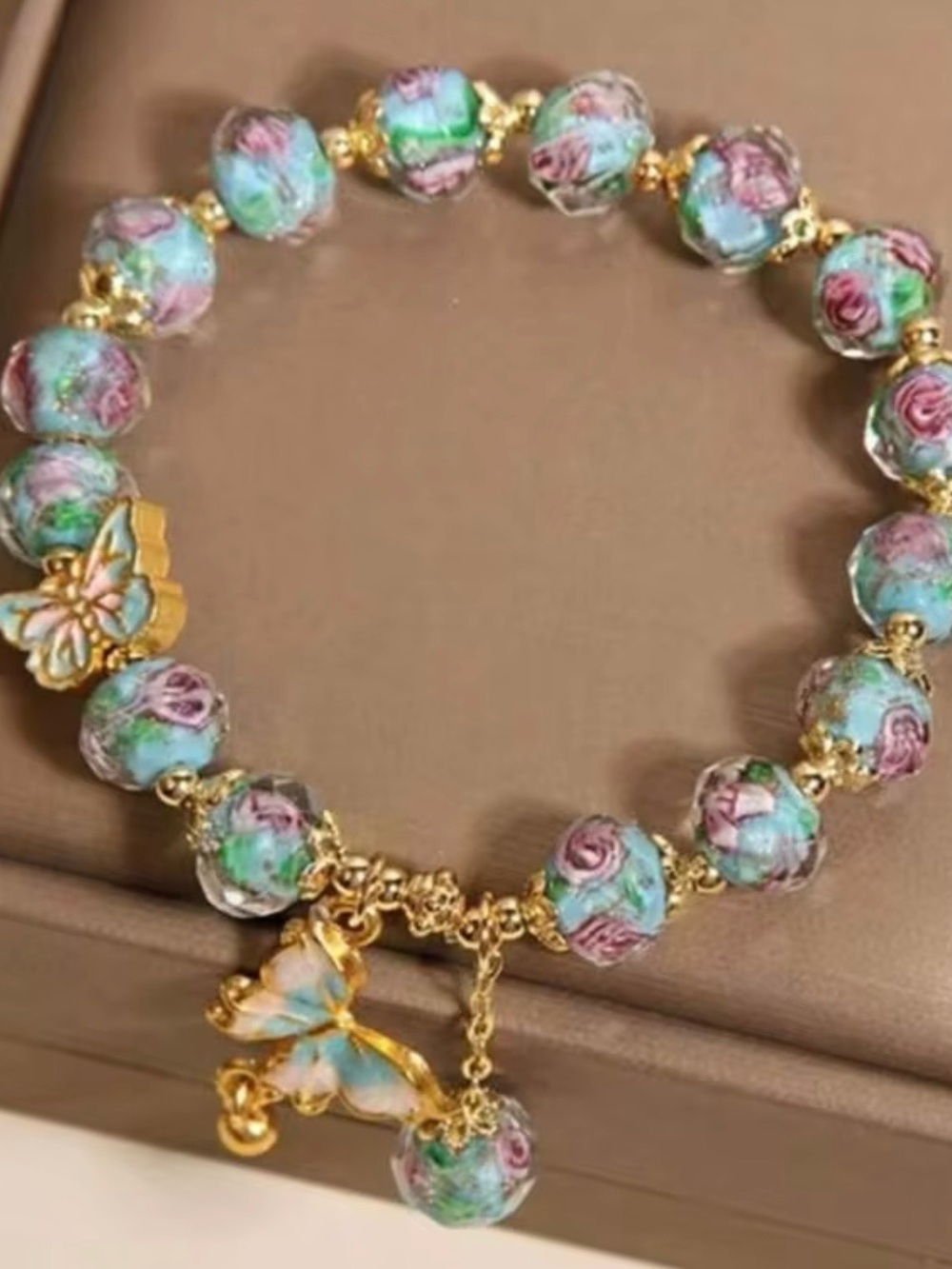 NWOT Gold Butterfly Charm Bracelet with Blue-Green Floral Beads - Picture 3 of 4